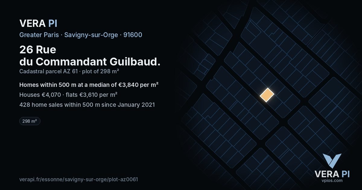 26 Rue du Commandant Guilbaud, Savigny-sur-Orge at night – the plot lit, the parcels around coloured by the prices near them