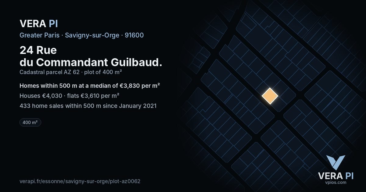 24 Rue du Commandant Guilbaud, Savigny-sur-Orge at night – the plot lit, the parcels around coloured by the prices near them