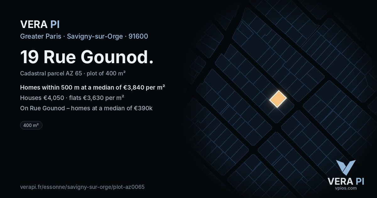 19 Rue Gounod, Savigny-sur-Orge at night – the plot lit, the parcels around coloured by the prices near them
