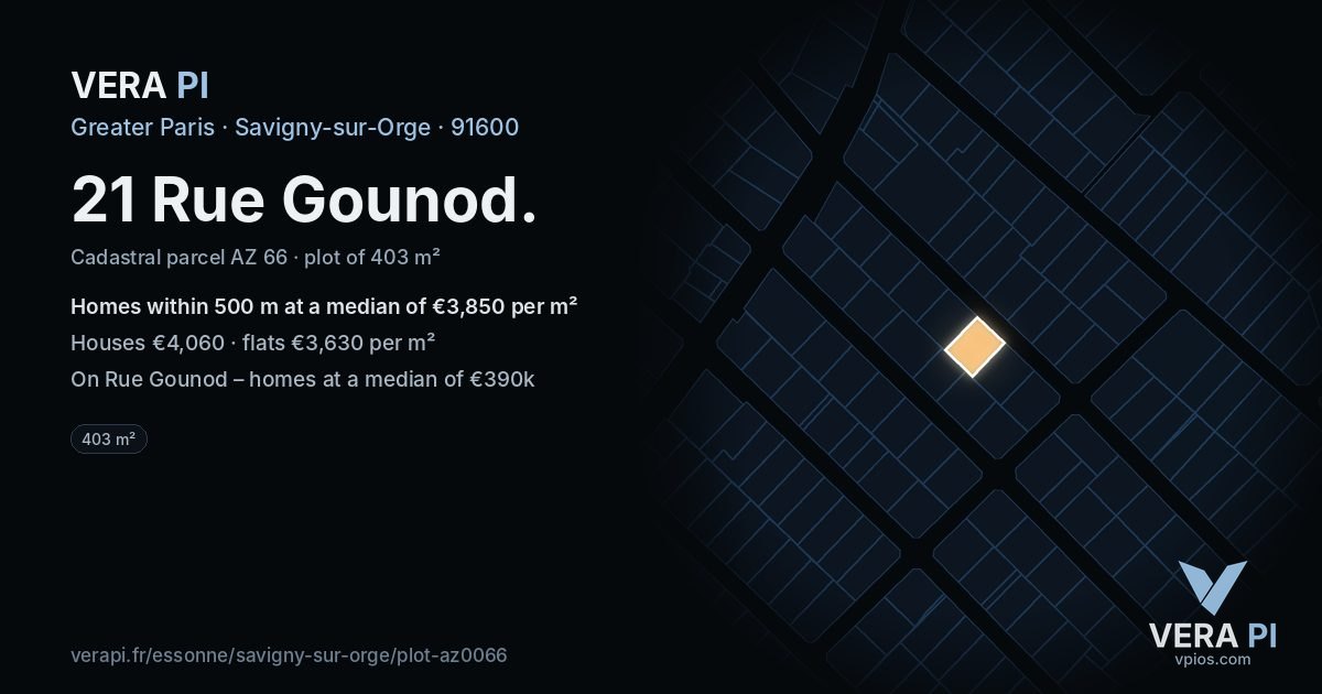 21 Rue Gounod, Savigny-sur-Orge at night – the plot lit, the parcels around coloured by the prices near them