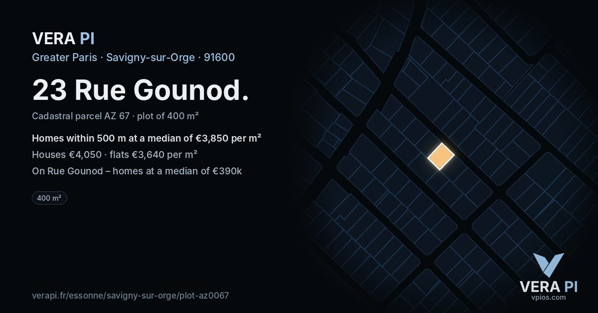 23 Rue Gounod, Savigny-sur-Orge at night – the plot lit, the parcels around coloured by the prices near them