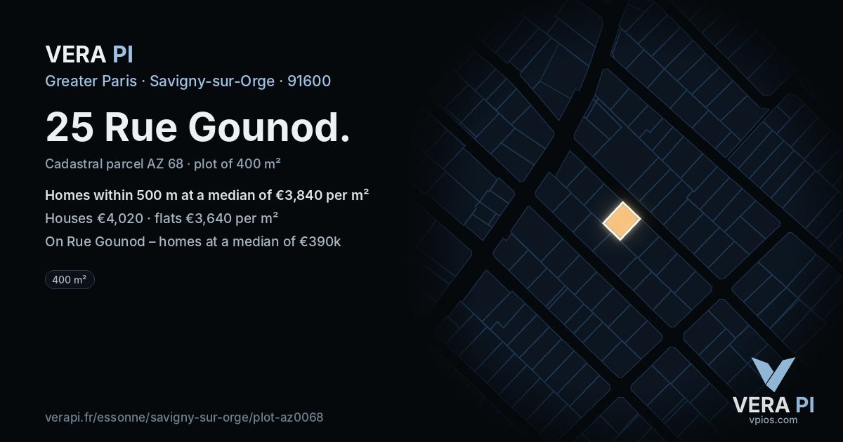 25 Rue Gounod, Savigny-sur-Orge at night – the plot lit, the parcels around coloured by the prices near them