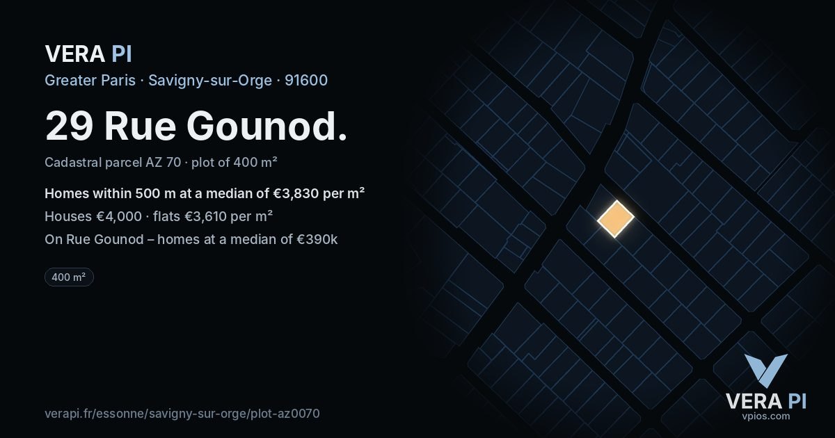 29 Rue Gounod, Savigny-sur-Orge at night – the plot lit, the parcels around coloured by the prices near them