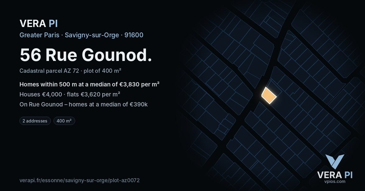 56 Rue Gounod, Savigny-sur-Orge at night – the plot lit, the parcels around coloured by the prices near them