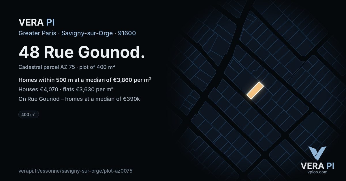 48 Rue Gounod, Savigny-sur-Orge at night – the plot lit, the parcels around coloured by the prices near them