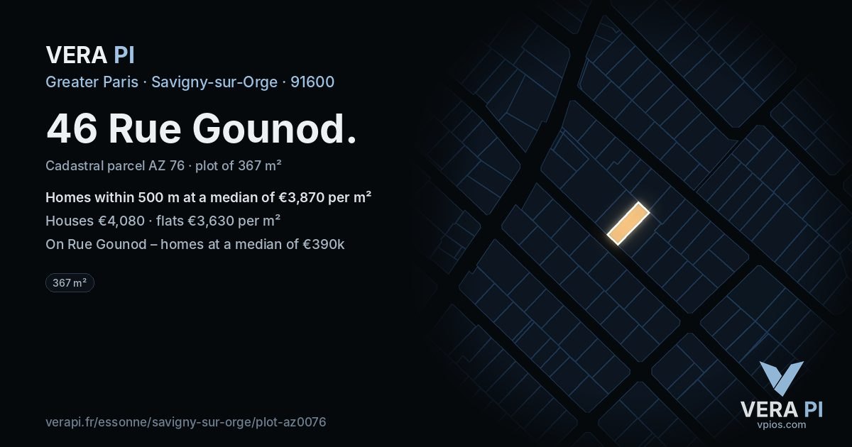46 Rue Gounod, Savigny-sur-Orge at night – the plot lit, the parcels around coloured by the prices near them
