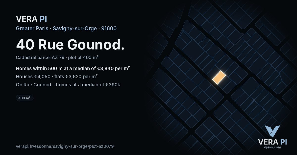 40 Rue Gounod, Savigny-sur-Orge at night – the plot lit, the parcels around coloured by the prices near them