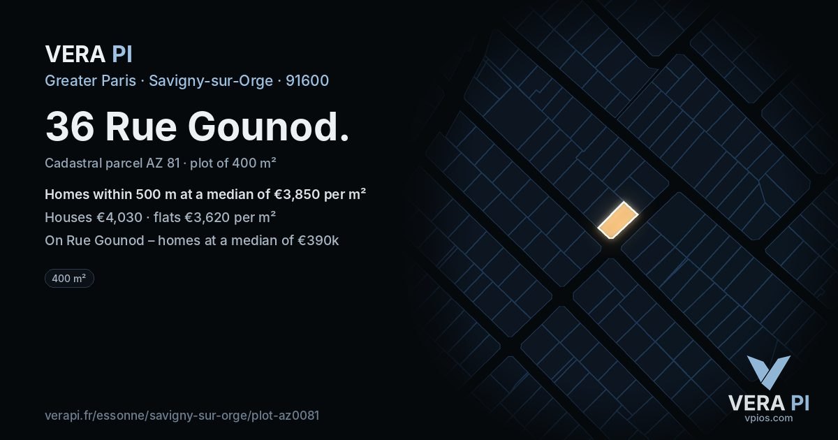 36 Rue Gounod, Savigny-sur-Orge at night – the plot lit, the parcels around coloured by the prices near them