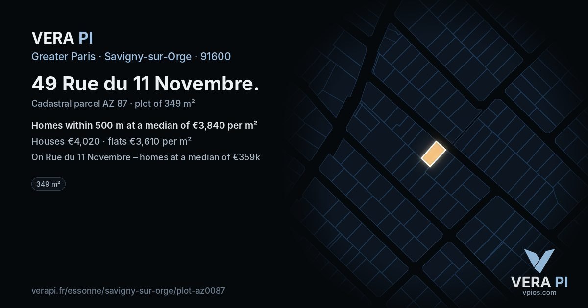 49 Rue du 11 Novembre, Savigny-sur-Orge at night – the plot lit, the parcels around coloured by the prices near them