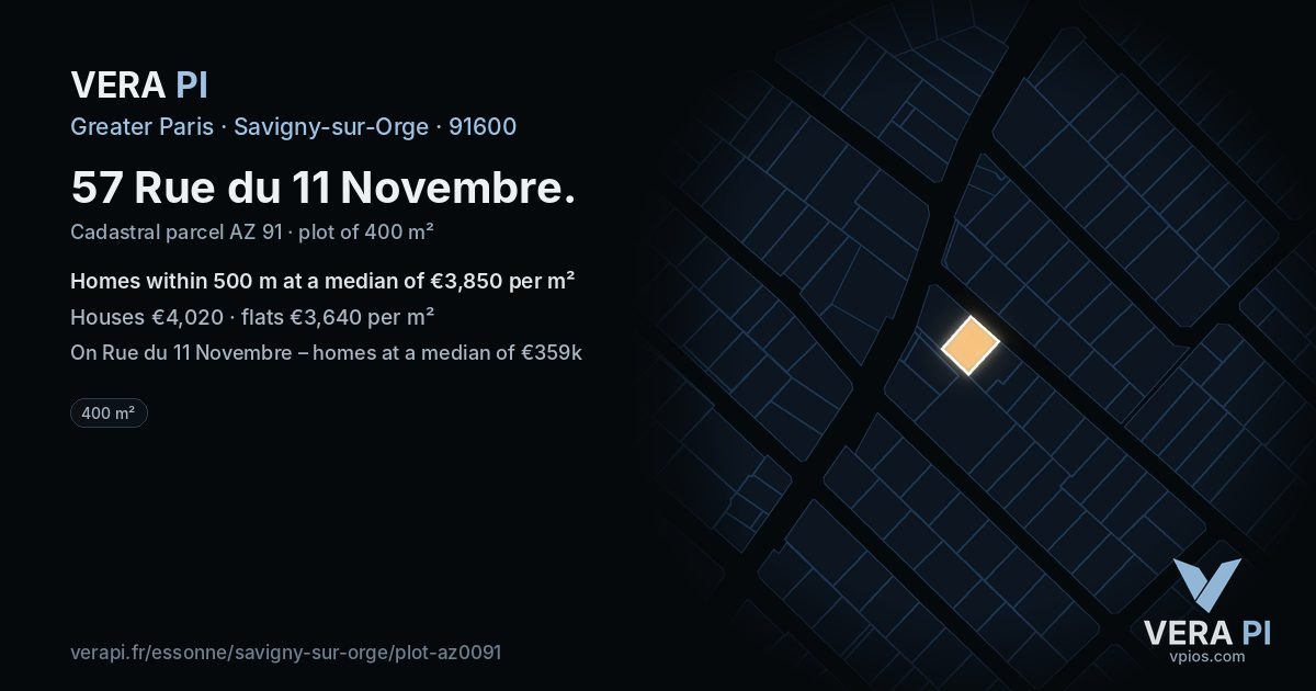 57 Rue du 11 Novembre, Savigny-sur-Orge at night – the plot lit, the parcels around coloured by the prices near them