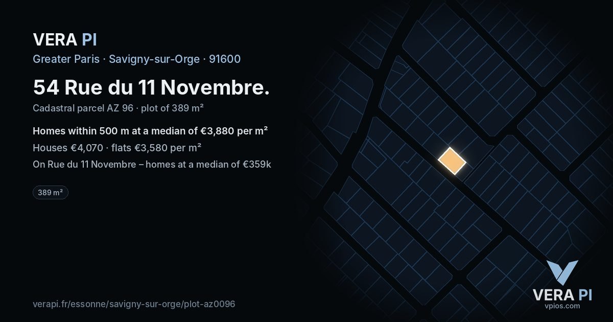 54 Rue du 11 Novembre, Savigny-sur-Orge at night – the plot lit, the parcels around coloured by the prices near them