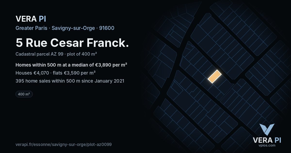 5 Rue Cesar Franck, Savigny-sur-Orge at night – the plot lit, the parcels around coloured by the prices near them