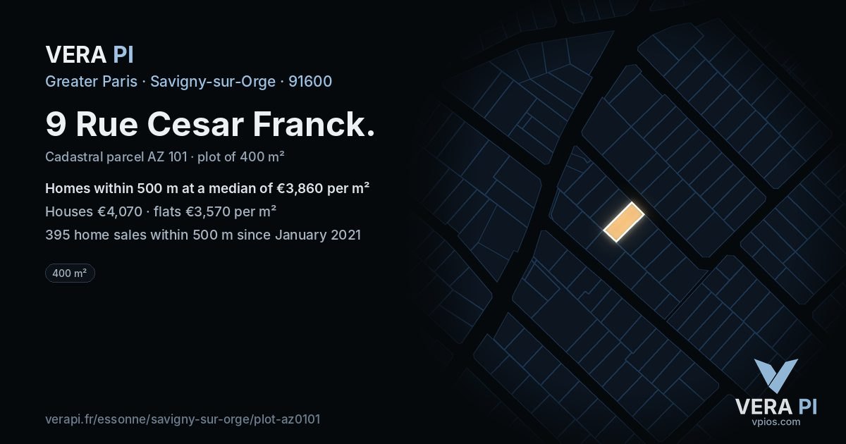 9 Rue Cesar Franck, Savigny-sur-Orge at night – the plot lit, the parcels around coloured by the prices near them