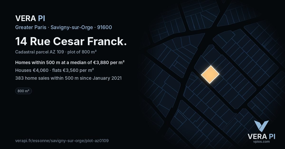 14 Rue Cesar Franck, Savigny-sur-Orge at night – the plot lit, the parcels around coloured by the prices near them