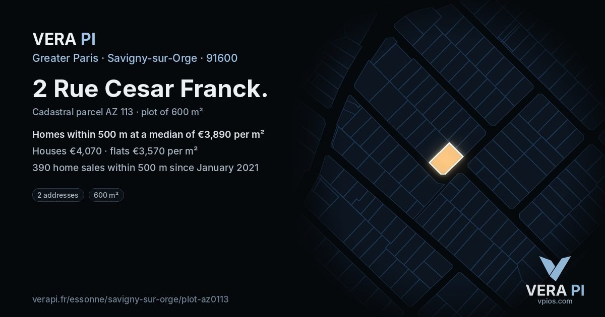 2 Rue Cesar Franck, Savigny-sur-Orge at night – the plot lit, the parcels around coloured by the prices near them