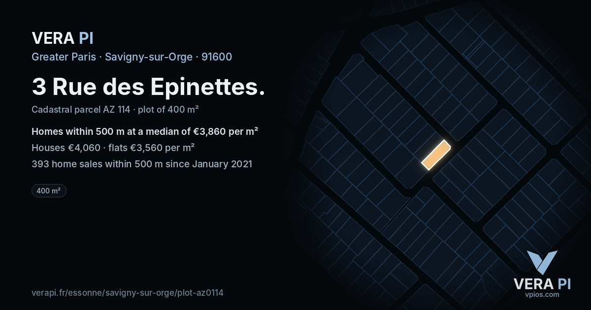 3 Rue des Epinettes, Savigny-sur-Orge at night – the plot lit, the parcels around coloured by the prices near them