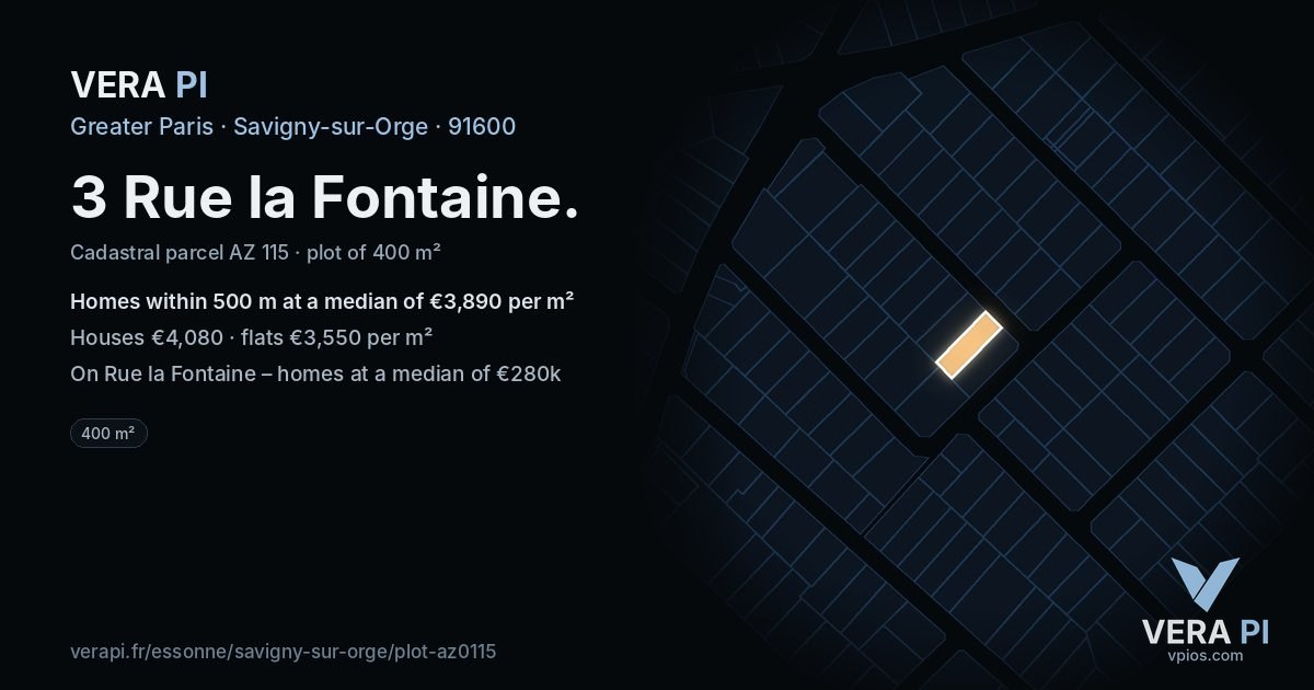 3 Rue la Fontaine, Savigny-sur-Orge at night – the plot lit, the parcels around coloured by the prices near them