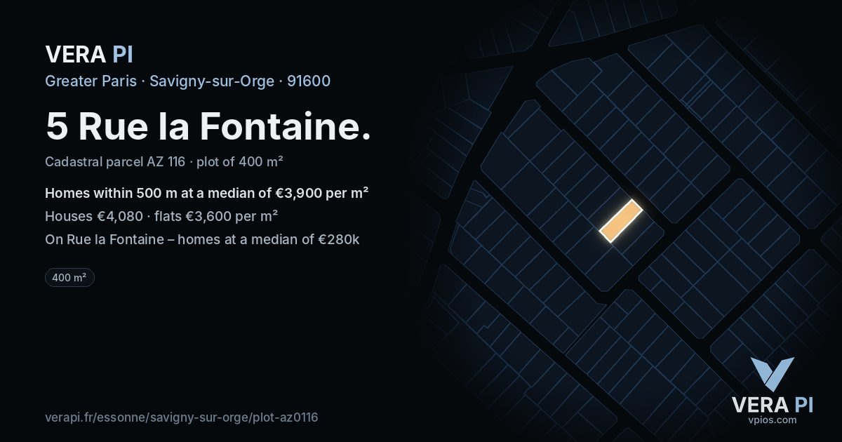 5 Rue la Fontaine, Savigny-sur-Orge at night – the plot lit, the parcels around coloured by the prices near them