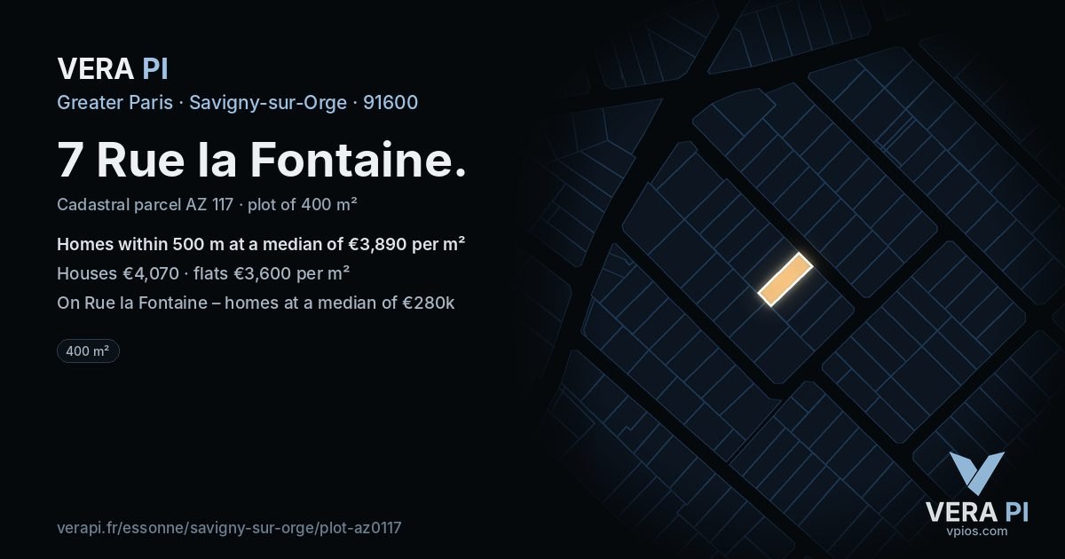 7 Rue la Fontaine, Savigny-sur-Orge at night – the plot lit, the parcels around coloured by the prices near them