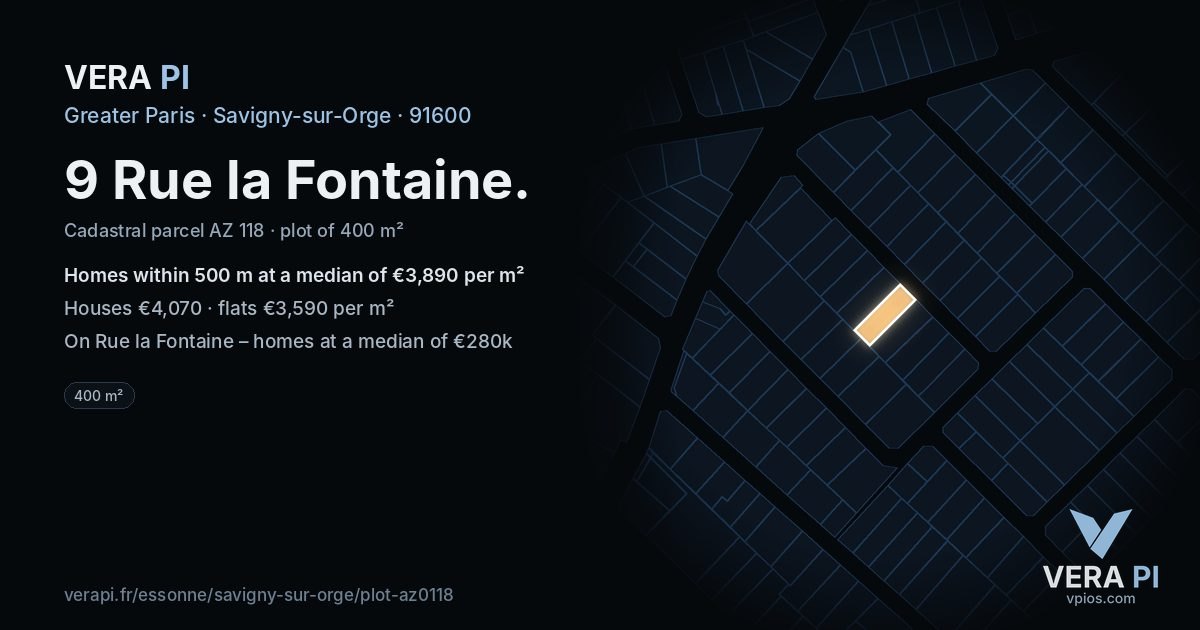 9 Rue la Fontaine, Savigny-sur-Orge at night – the plot lit, the parcels around coloured by the prices near them