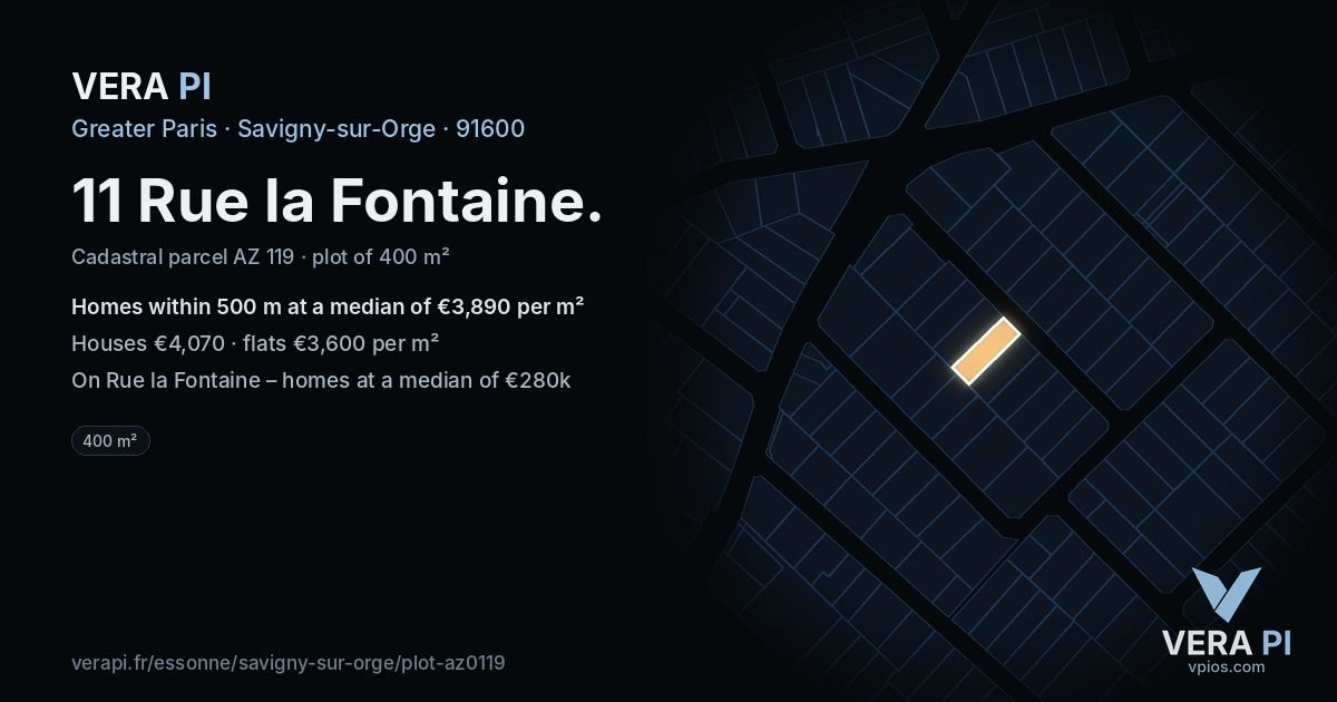 11 Rue la Fontaine, Savigny-sur-Orge at night – the plot lit, the parcels around coloured by the prices near them