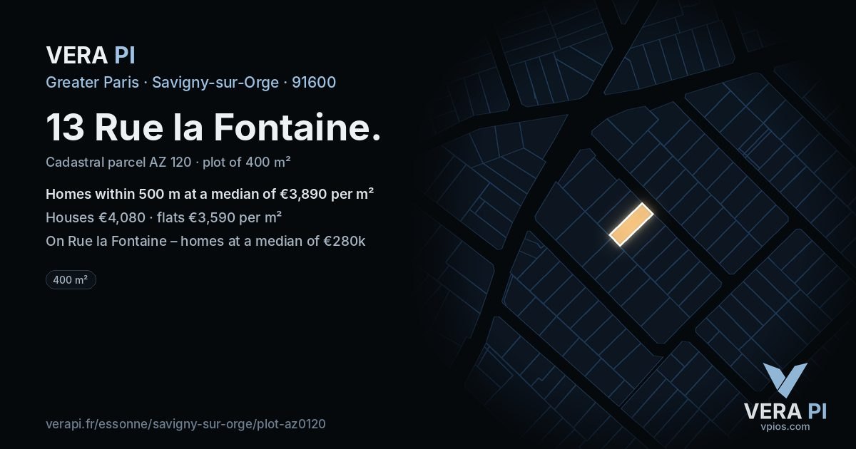 13 Rue la Fontaine, Savigny-sur-Orge at night – the plot lit, the parcels around coloured by the prices near them