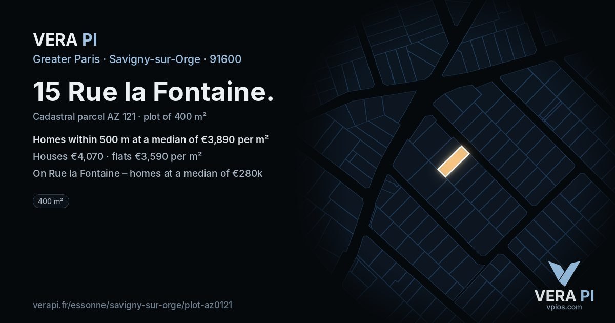 15 Rue la Fontaine, Savigny-sur-Orge at night – the plot lit, the parcels around coloured by the prices near them