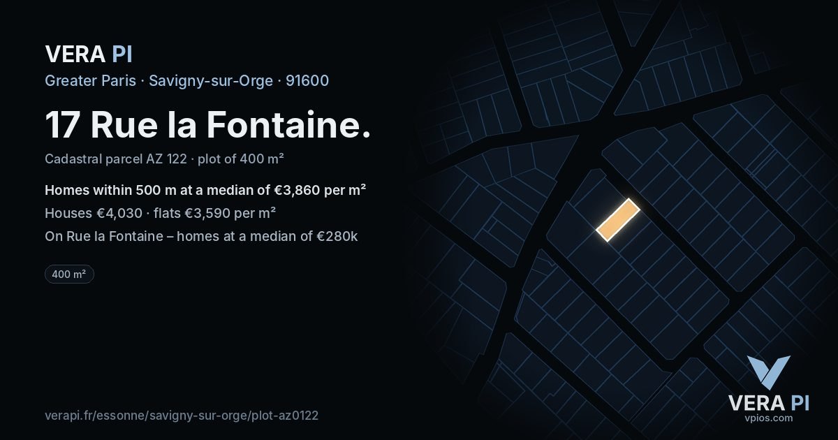 17 Rue la Fontaine, Savigny-sur-Orge at night – the plot lit, the parcels around coloured by the prices near them