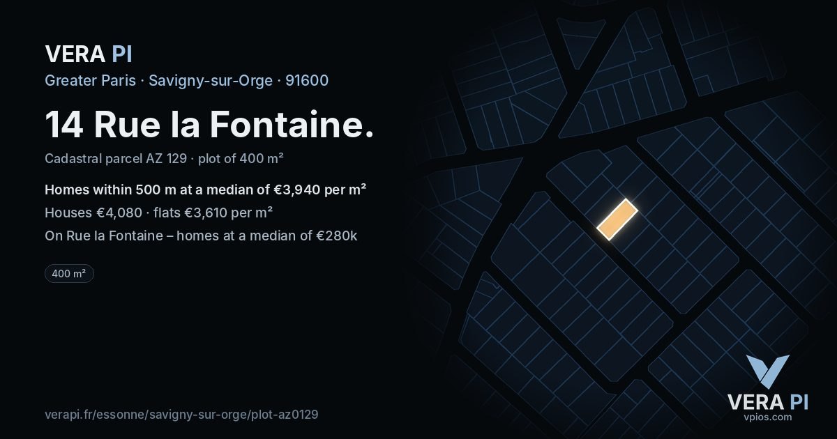 14 Rue la Fontaine, Savigny-sur-Orge at night – the plot lit, the parcels around coloured by the prices near them