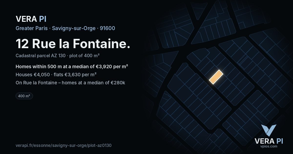12 Rue la Fontaine, Savigny-sur-Orge at night – the plot lit, the parcels around coloured by the prices near them
