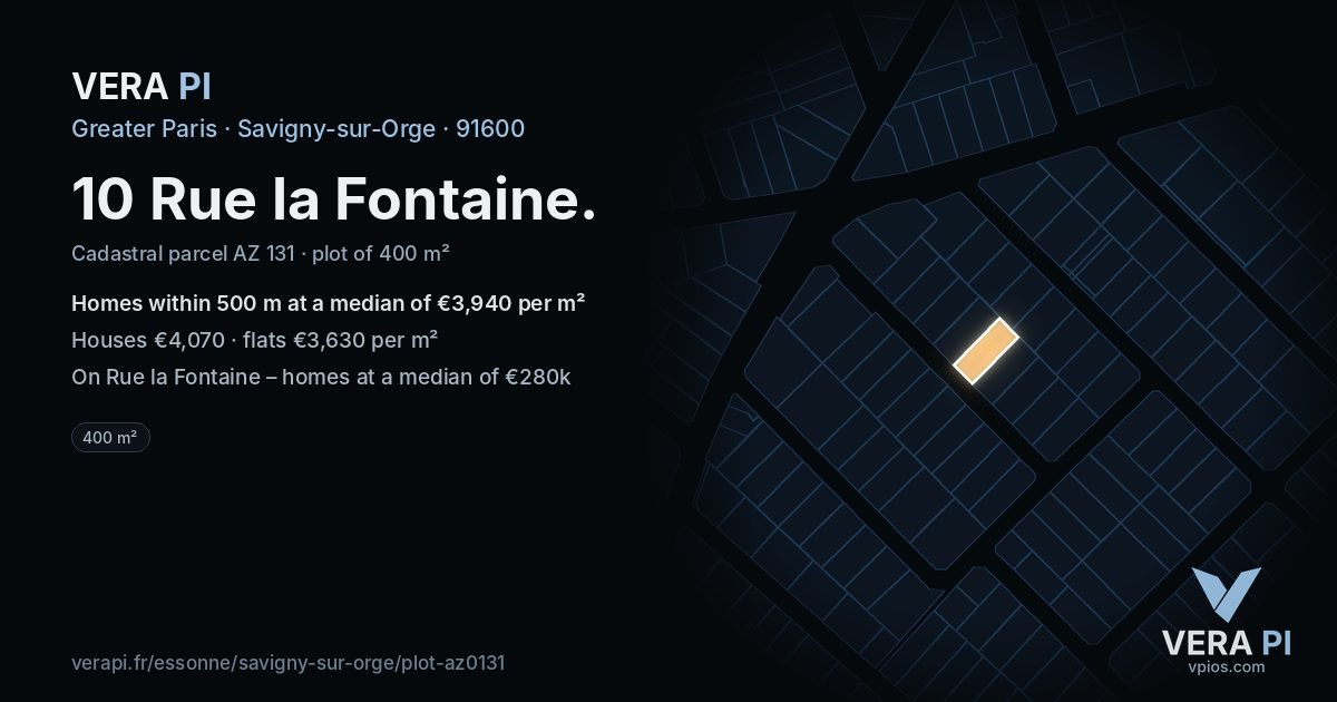 10 Rue la Fontaine, Savigny-sur-Orge at night – the plot lit, the parcels around coloured by the prices near them