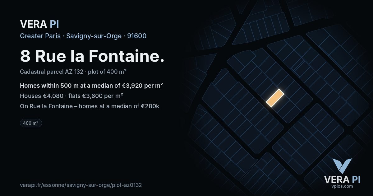 8 Rue la Fontaine, Savigny-sur-Orge at night – the plot lit, the parcels around coloured by the prices near them