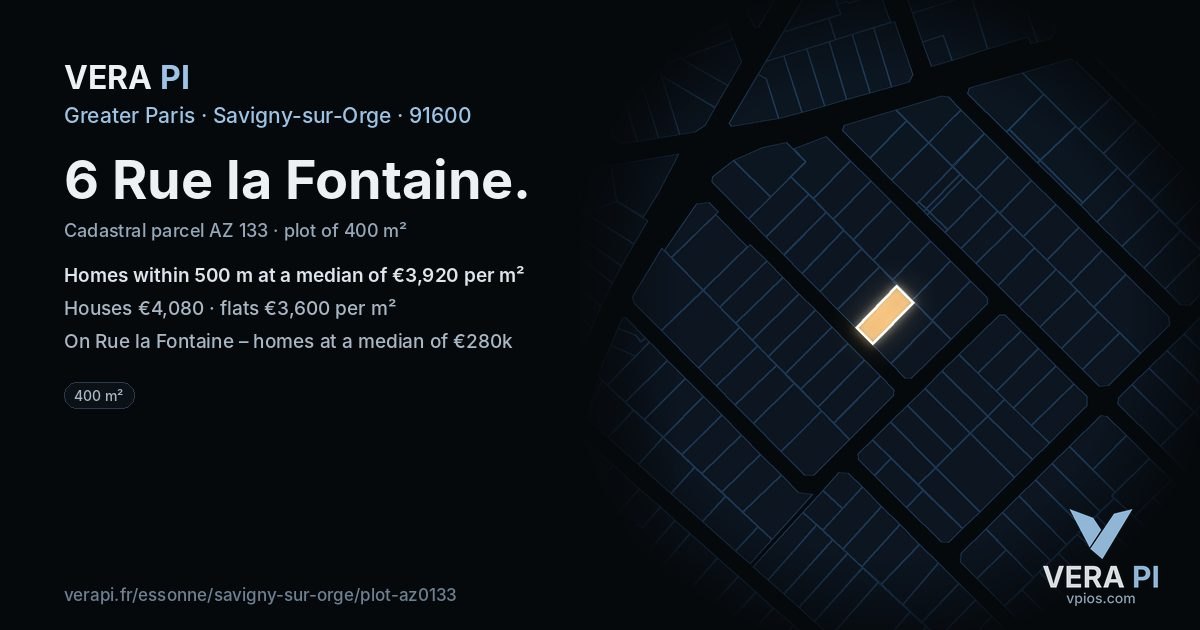 6 Rue la Fontaine, Savigny-sur-Orge at night – the plot lit, the parcels around coloured by the prices near them