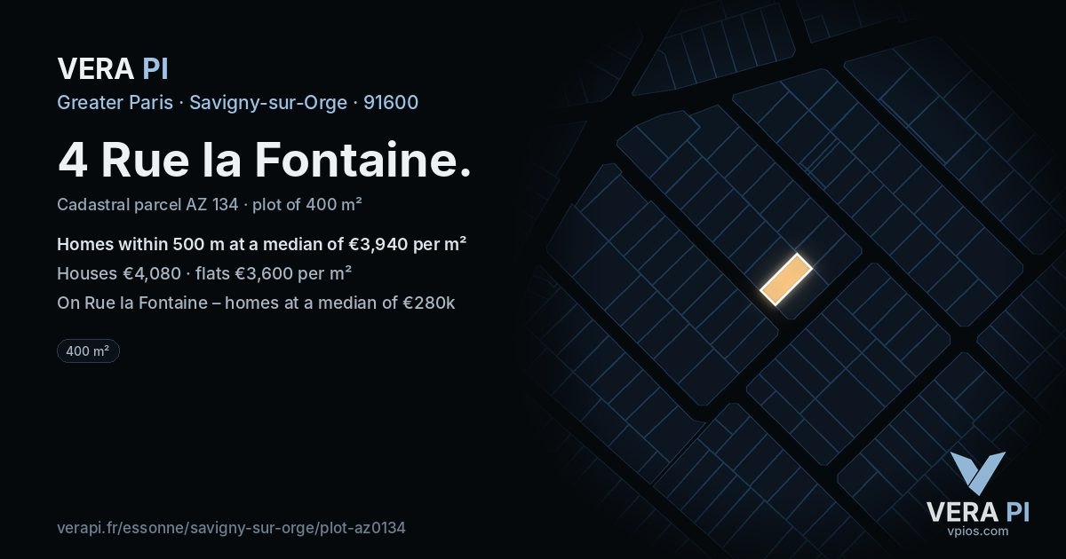 4 Rue la Fontaine, Savigny-sur-Orge at night – the plot lit, the parcels around coloured by the prices near them