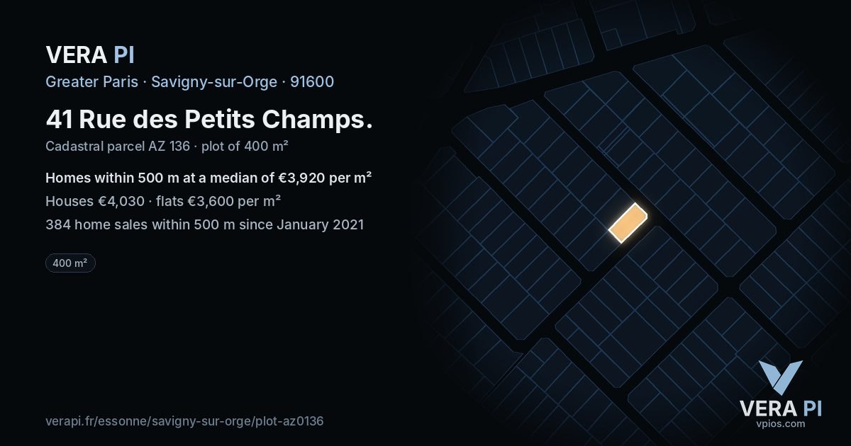 41 Rue des Petits Champs, Savigny-sur-Orge at night – the plot lit, the parcels around coloured by the prices near them