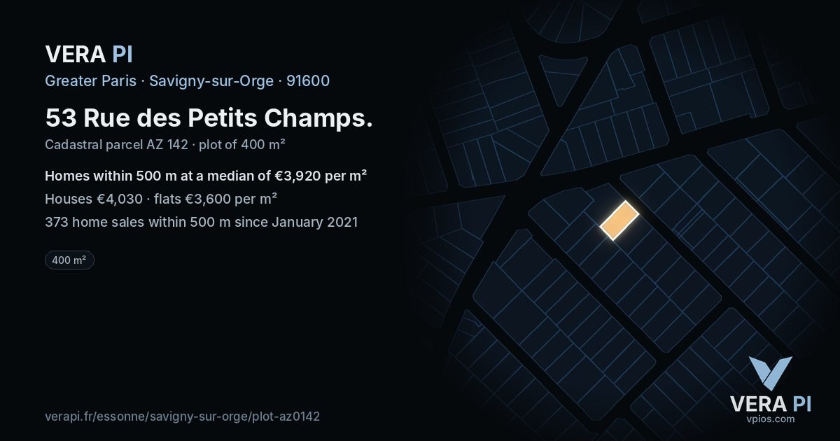 53 Rue des Petits Champs, Savigny-sur-Orge at night – the plot lit, the parcels around coloured by the prices near them