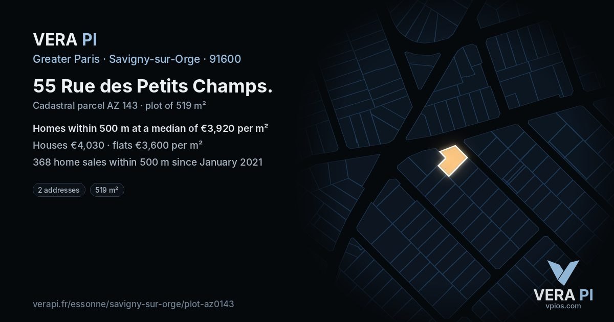 55 Rue des Petits Champs, Savigny-sur-Orge at night – the plot lit, the parcels around coloured by the prices near them