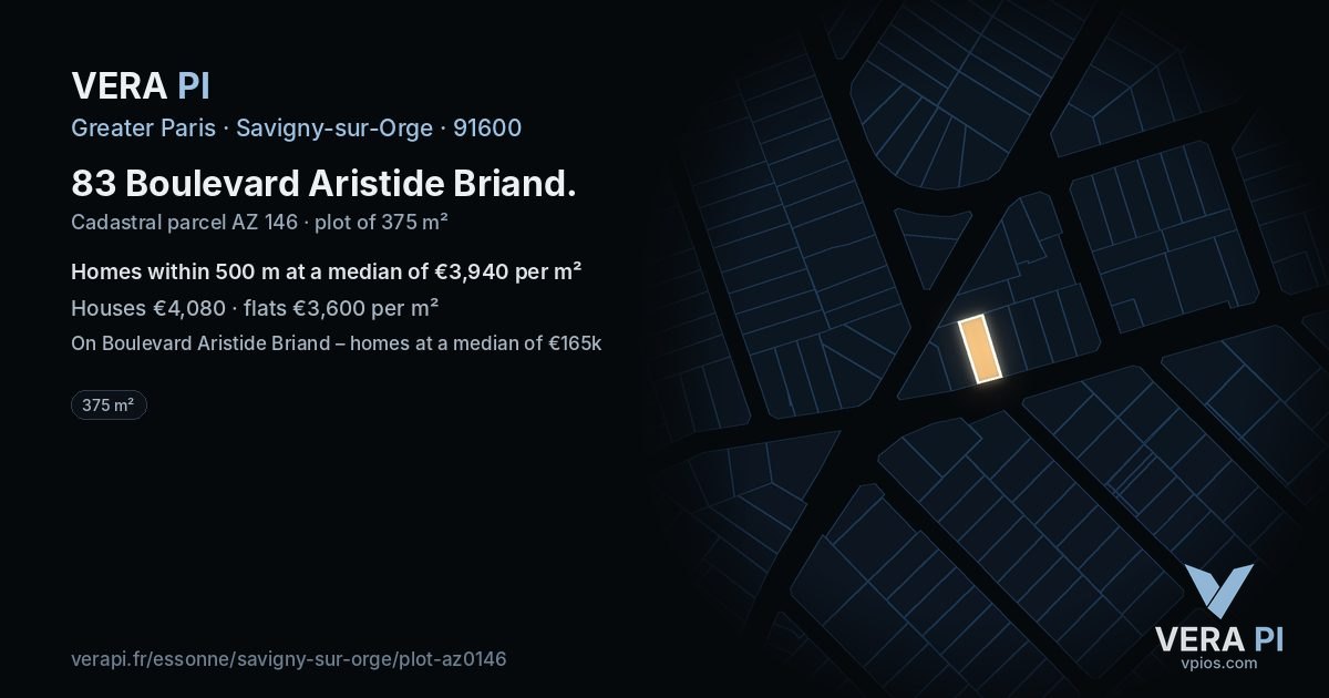 83 Boulevard Aristide Briand, Savigny-sur-Orge at night – the plot lit, the parcels around coloured by the prices near them