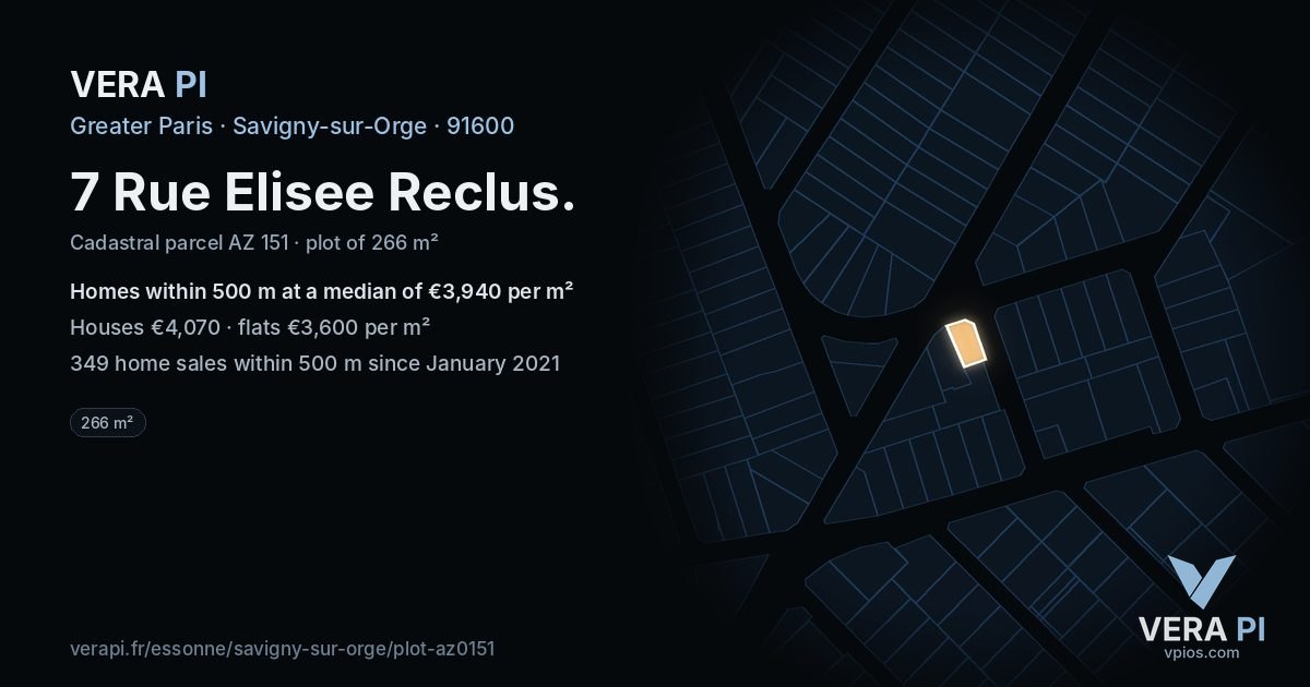 7 Rue Elisee Reclus, Savigny-sur-Orge at night – the plot lit, the parcels around coloured by the prices near them