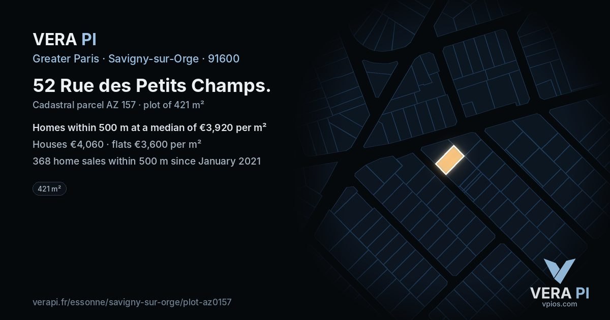 52 Rue des Petits Champs, Savigny-sur-Orge at night – the plot lit, the parcels around coloured by the prices near them