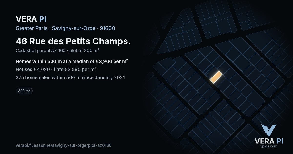 46 Rue des Petits Champs, Savigny-sur-Orge at night – the plot lit, the parcels around coloured by the prices near them