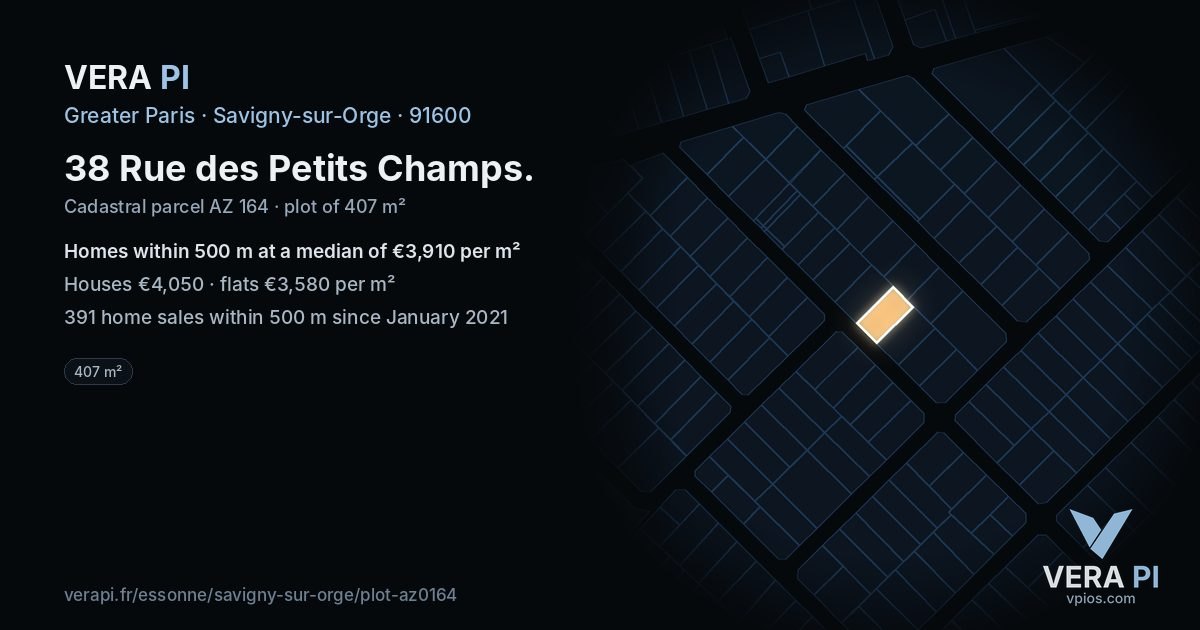 38 Rue des Petits Champs, Savigny-sur-Orge at night – the plot lit, the parcels around coloured by the prices near them