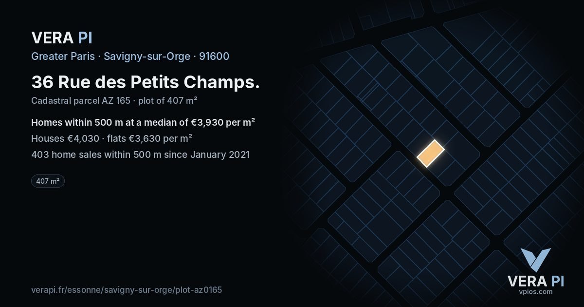 36 Rue des Petits Champs, Savigny-sur-Orge at night – the plot lit, the parcels around coloured by the prices near them
