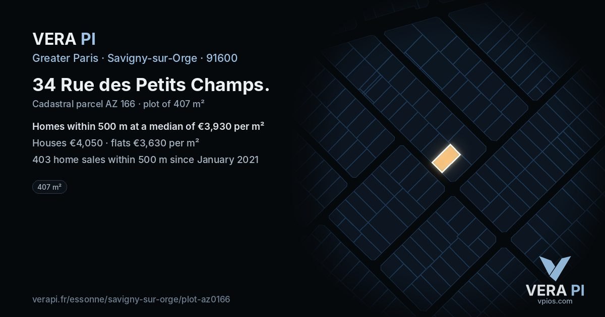 34 Rue des Petits Champs, Savigny-sur-Orge at night – the plot lit, the parcels around coloured by the prices near them