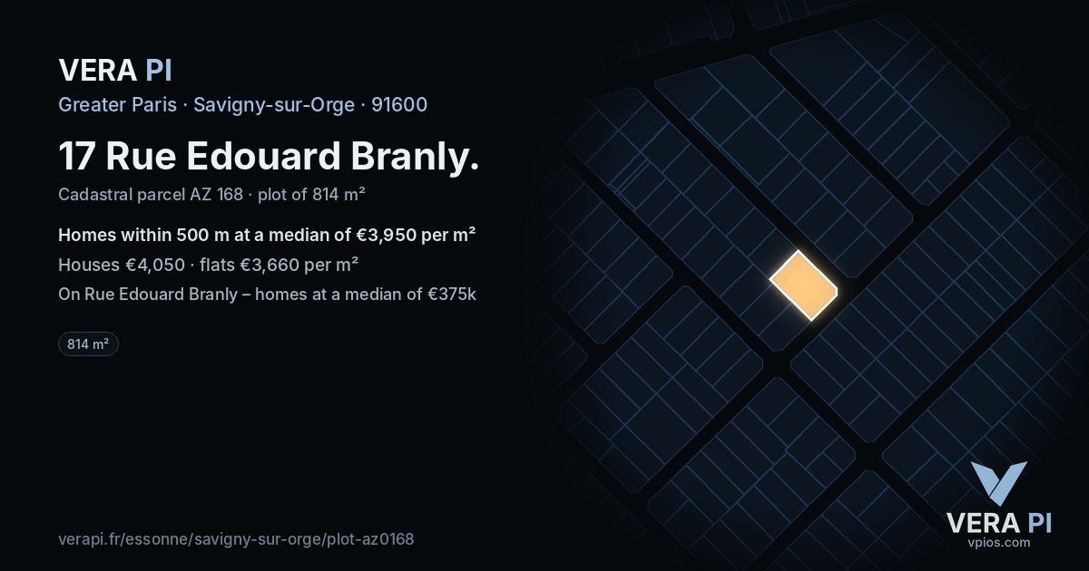 17 Rue Edouard Branly, Savigny-sur-Orge at night – the plot lit, the parcels around coloured by the prices near them