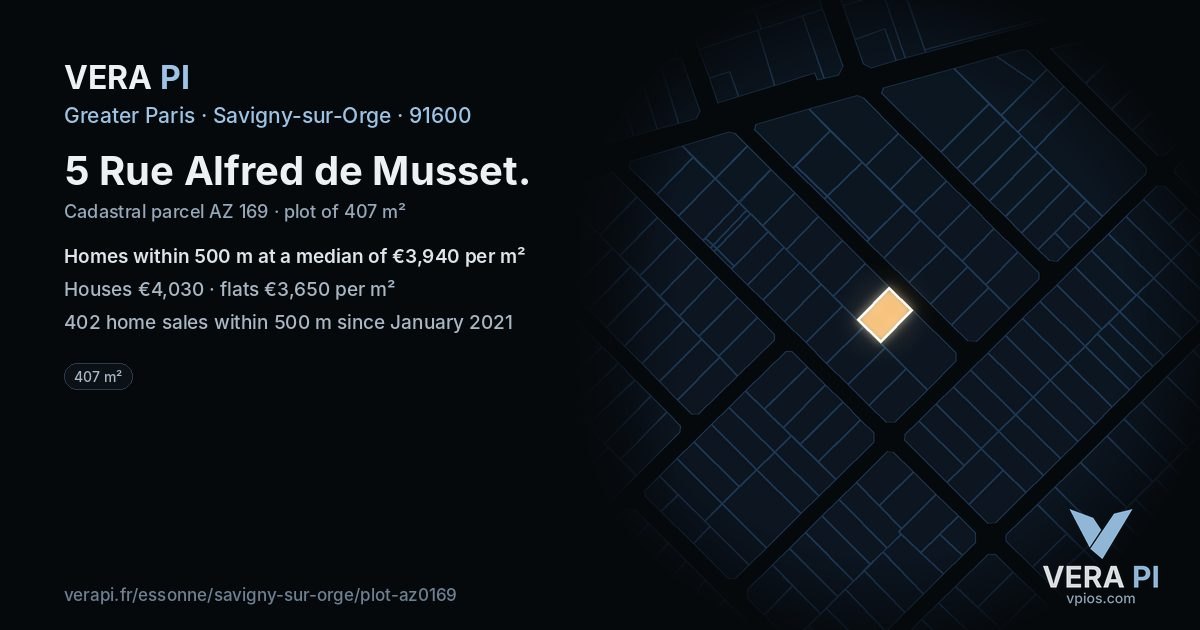 5 Rue Alfred de Musset, Savigny-sur-Orge at night – the plot lit, the parcels around coloured by the prices near them