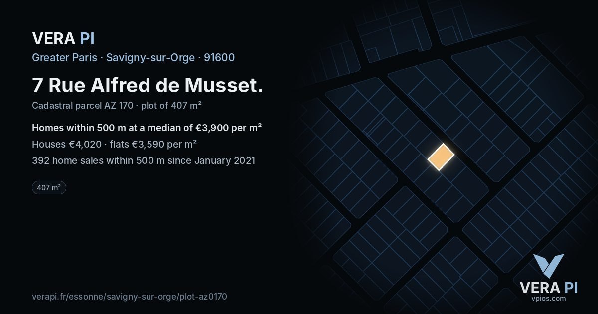 7 Rue Alfred de Musset, Savigny-sur-Orge at night – the plot lit, the parcels around coloured by the prices near them