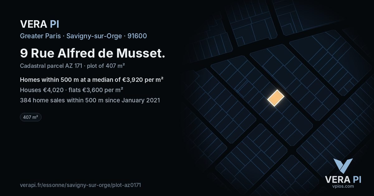 9 Rue Alfred de Musset, Savigny-sur-Orge at night – the plot lit, the parcels around coloured by the prices near them