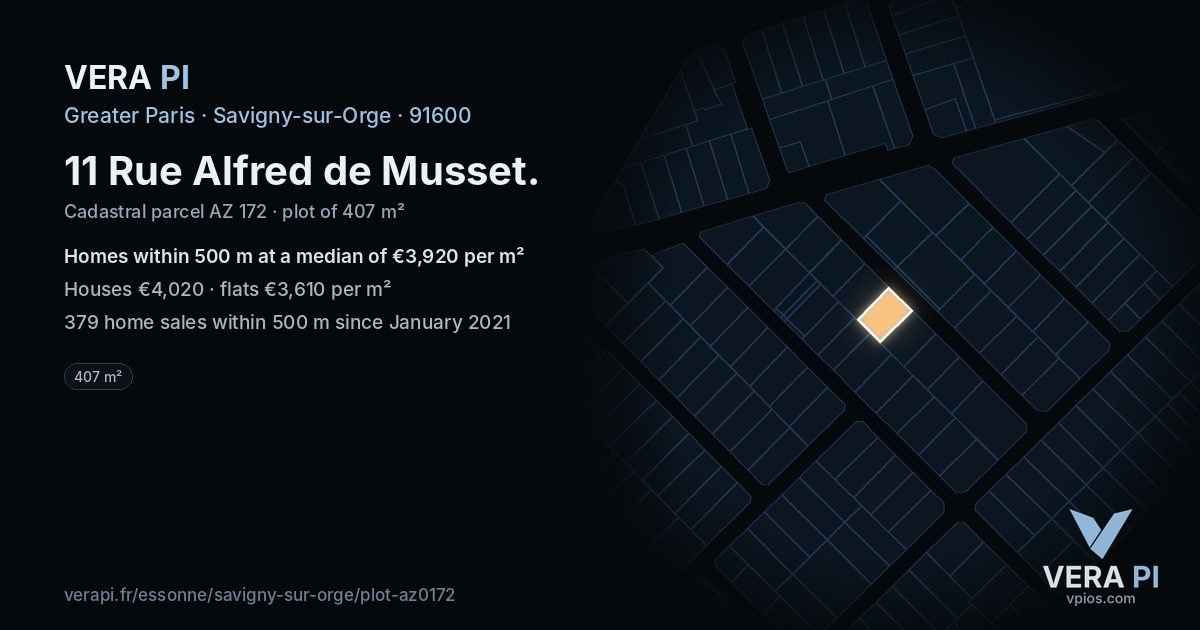 11 Rue Alfred de Musset, Savigny-sur-Orge at night – the plot lit, the parcels around coloured by the prices near them
