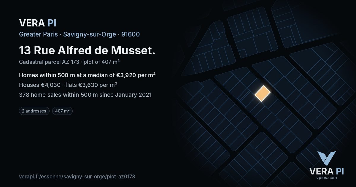 13 Rue Alfred de Musset, Savigny-sur-Orge at night – the plot lit, the parcels around coloured by the prices near them